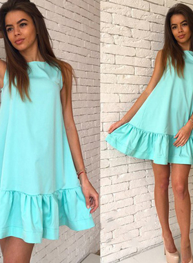 女士宽松圆领无袖百褶连衣裙