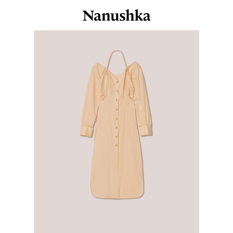 【甄选折扣】NANUSHKA 女士 LO 优雅乳白色挂脖V领衬衫式连衣裙 - 图3