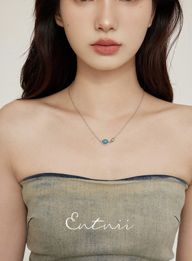 复古椭圆蓝石小圆豆项链