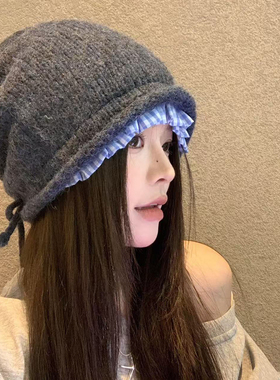 日系格纹花边针织毛线帽女