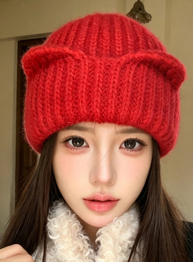 韩系可爱猫耳朵毛线帽女