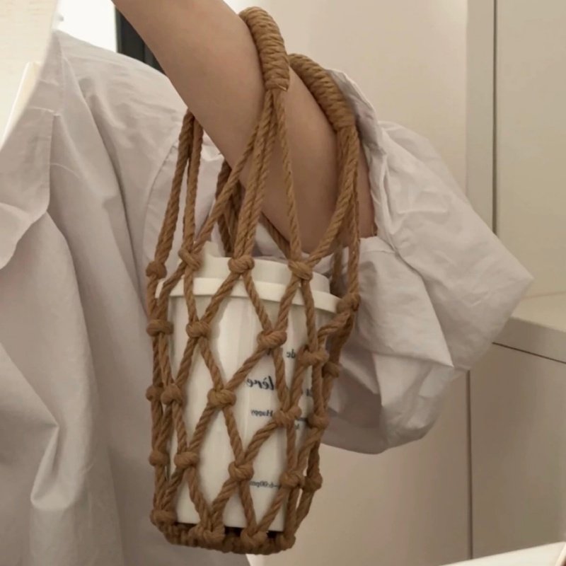 ins风网兜杯套咖啡杯便携式提兜水壶通用提袋可挂车把编织水杯袋,淘宝优惠券,粉丝福利购,淘宝优惠卷