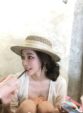紫薯牛奶同款老钱风镂空平顶咸草编织镂空草帽女夏法式沙滩防晒帽