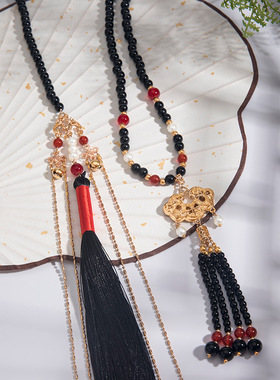 新中式黑色平安锁流苏项链