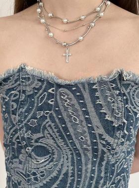 多层叠戴法式珍珠十字架复古设计感ins锁骨链气质高级感颈链百搭