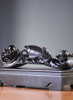 黑檀木年年有鱼根雕荷花雕刻摆件红木家居装饰工艺品开业乔迁