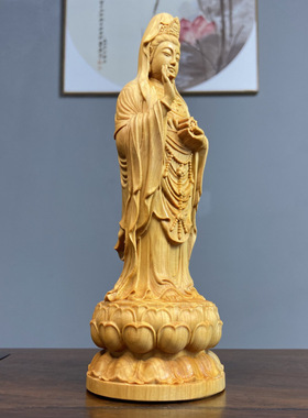 崖柏木雕南海观音高20cm创意根雕文玩家居饰品中式客厅摆件
