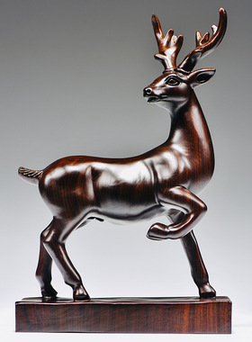 黑檀实木雕刻梅花鹿摆件檀木头根雕一路发家居客厅装饰红木