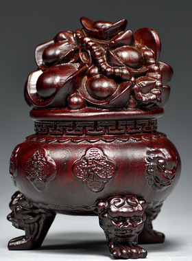 黑檀实木雕刻聚宝盆摆件木头根雕发财黄金万两红木家居装饰