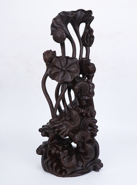 木质工艺品摆件根雕黑檀花梨木荷花鱼家居装饰送礼乔迁雕刻开业