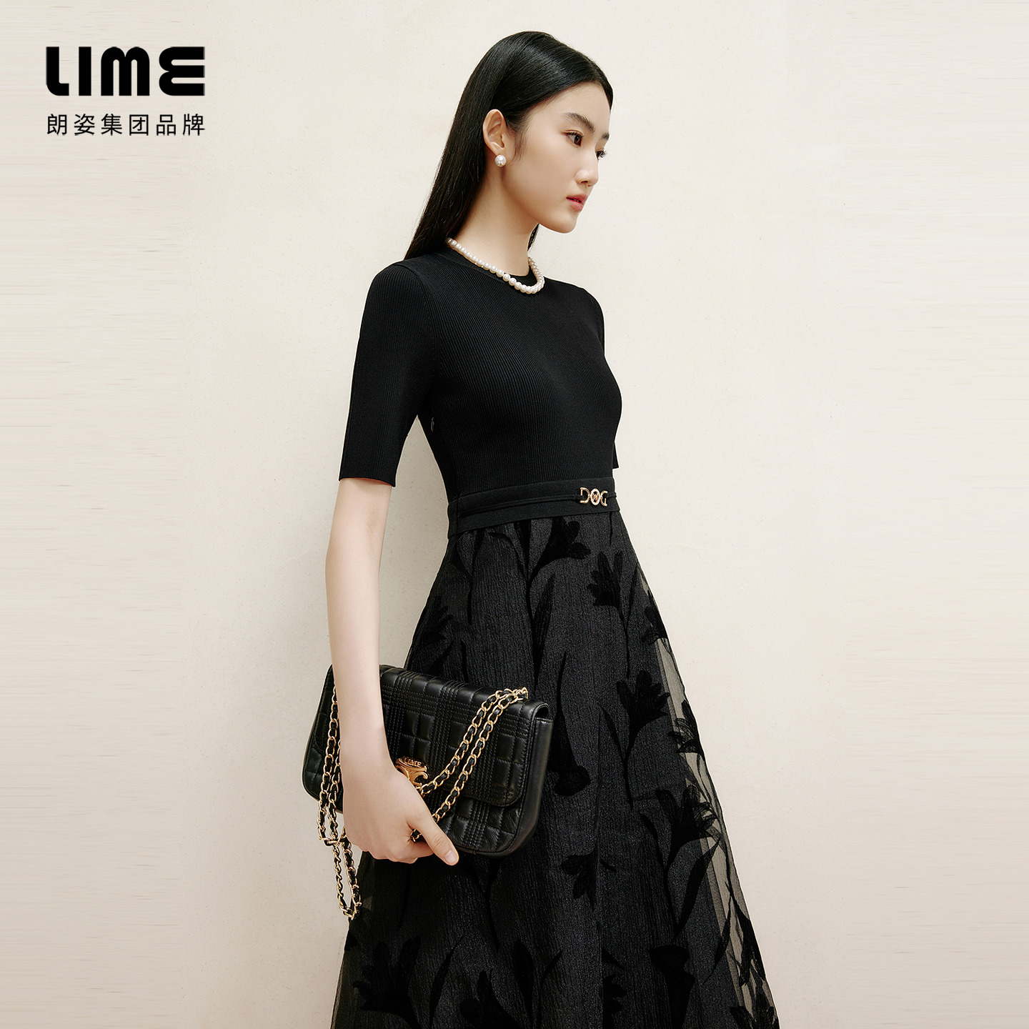 朗姿集团LIME莱茵针织拼接蕾丝花卉连衣裙黑色25夏简约显瘦长裙 - 图2
