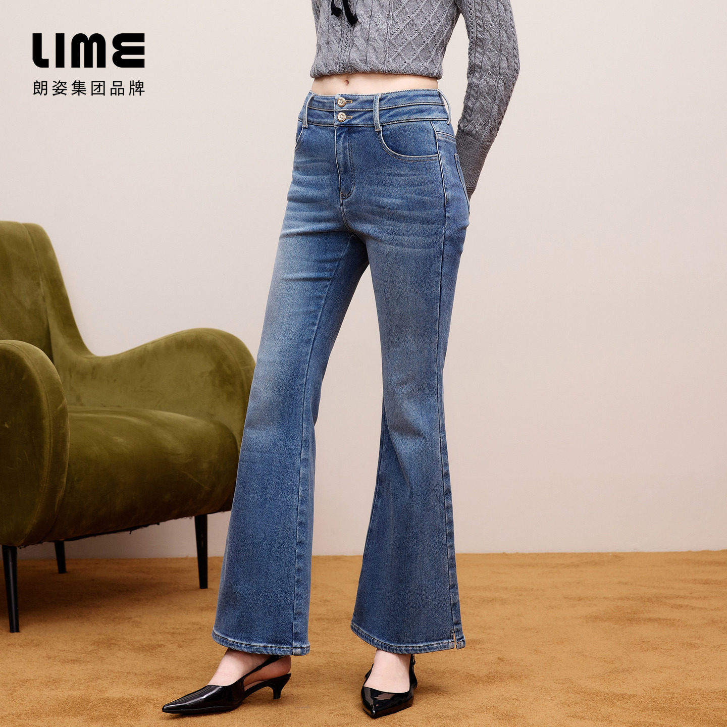 朗姿/LIME莱茵【女神裤】高腰微喇双排扣拉长腿比美式水洗冬新款,淘宝优惠券,粉丝福利购,淘宝优惠卷