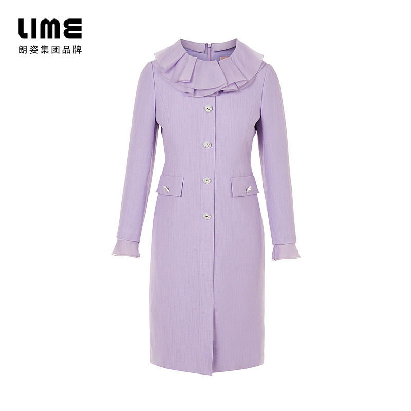 LIME莱茵荷叶边领收腰连衣裙秋冬新款轻奢优雅小香风纯色裙子,淘宝优惠券,粉丝福利购,淘宝优惠卷