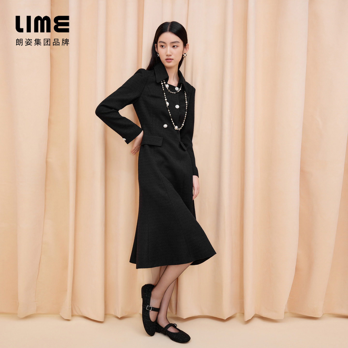 朗姿集团LIME莱茵优雅粗花呢连衣裙黑色假两件翻领收腰鱼尾25冬新,淘宝优惠券,粉丝福利购,淘宝优惠卷