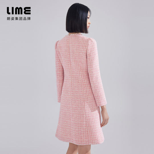 LIME莱茵年早春新款粗花呢连衣裙灰粉色V领收腰名媛小香风A字裙