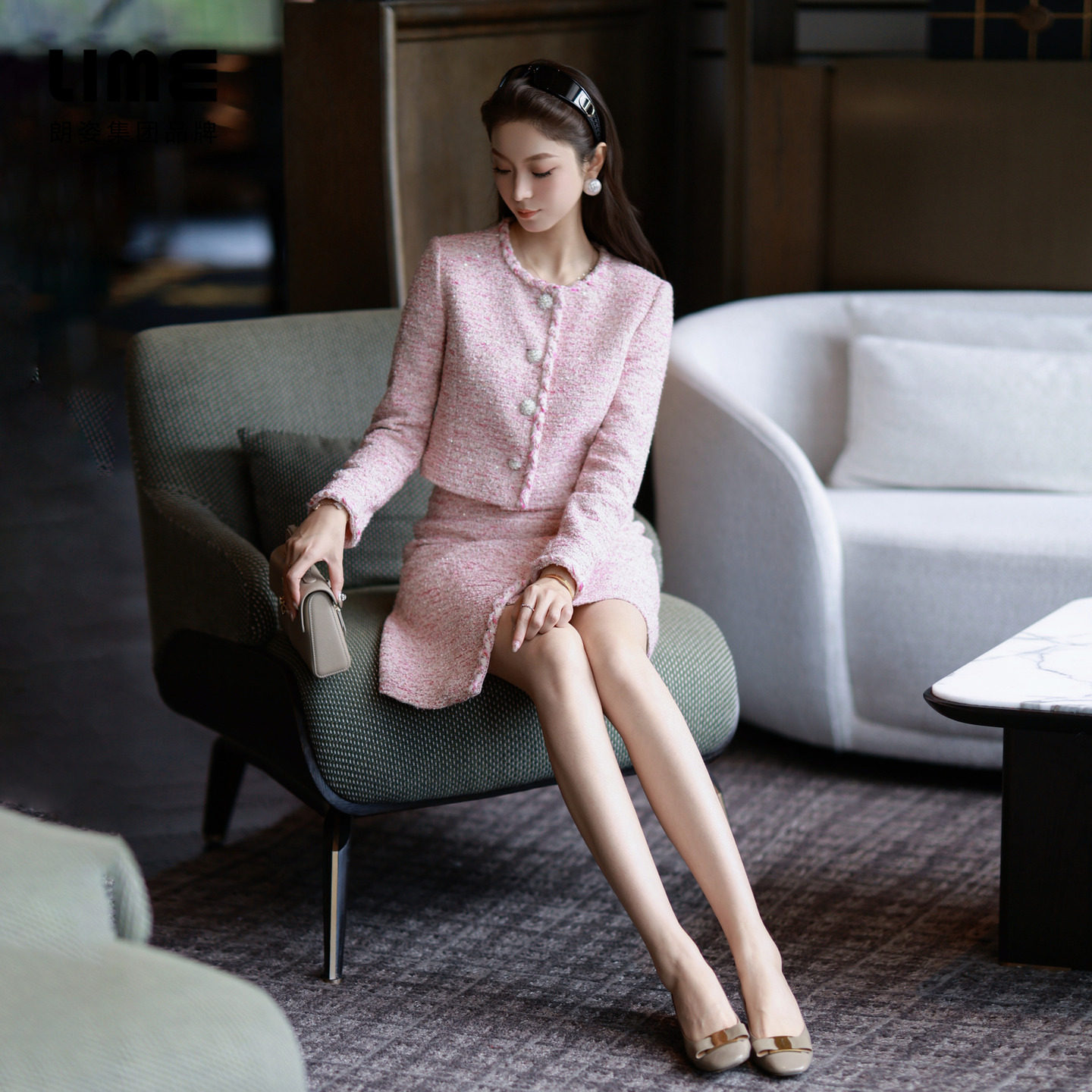 朗姿集团LIME莱茵粗花呢羊毛混纺半裙桃粉不对称斜摆香风25冬新款,淘宝优惠券,粉丝福利购,淘宝优惠卷