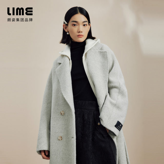 LME莱茵大翻领时尚双排扣高级感长款大衣秋冬新款廓形毛呢外套