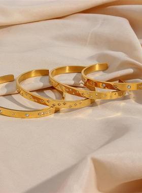 欧美ins时尚简约气质钛钢手环饰品不锈钢八芒星圆锆石开口手镯女