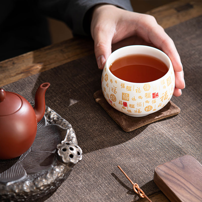 羊脂玉瓷百福陶瓷大号龙蛋杯功夫茶具宝石黄品茗杯主人杯主人杯 - 图1