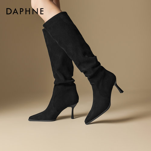 达芙妮高跟长筒靴女2025新款冬季美拉德堆堆靴子细跟尖头高筒长靴 - 图0