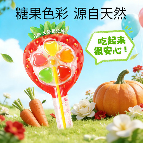飞享家大草莓风车软糖 果汁维C棒棒糖宝宝零食无糖软糖零食12g/支 - 图2