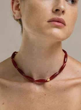 瓶系列橄榄形红玛瑙串珠项链复古风轻奢气质锁骨链小众设计款项链