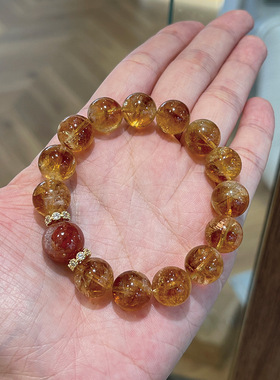 7A天然黄塔晶巴西黄水晶手链女大颗粒本命年牛血红红胶花招财手串