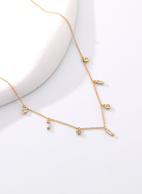 跨境S925纯银几何小方块项链女欧美ins冷淡风小众锆石叠戴锁骨链