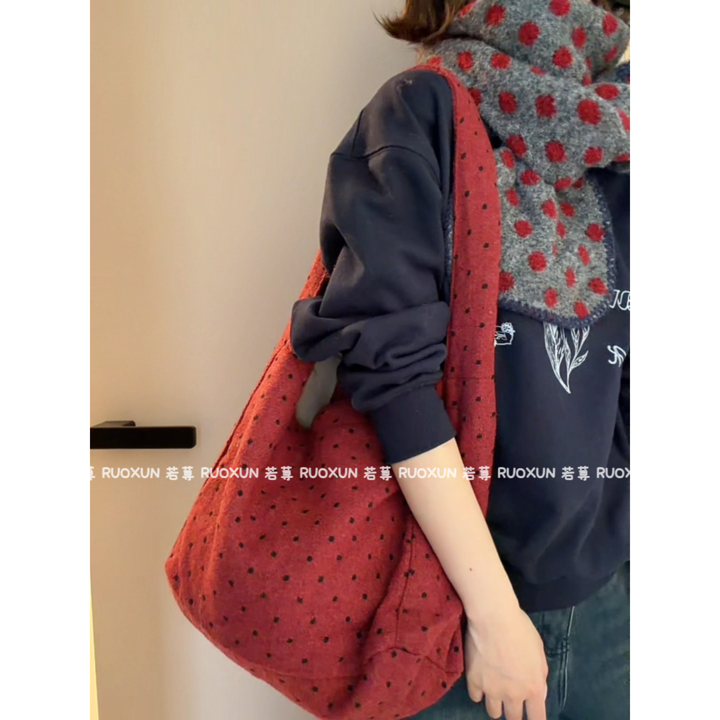 RuoXun日韩小圆点磨毛单肩包女秋冬大容量通勤百搭手提托特包,淘宝优惠券,粉丝福利购,淘宝优惠卷