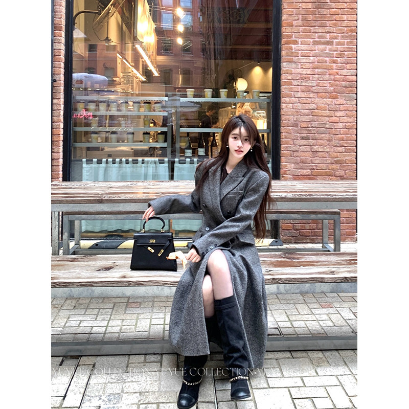 愉悦愉悦灰色西装领长袖毛呢外套女冬季气质宽松显瘦长款呢子大衣
