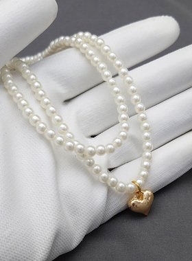 外贸出口款金色爱心吊坠锁骨链时尚长白色亚克力珍珠长款项链新款