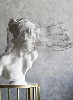 金属面纱女孩艺术白色雕像意式极简软装饰品摆件客厅轻奢人物雕塑