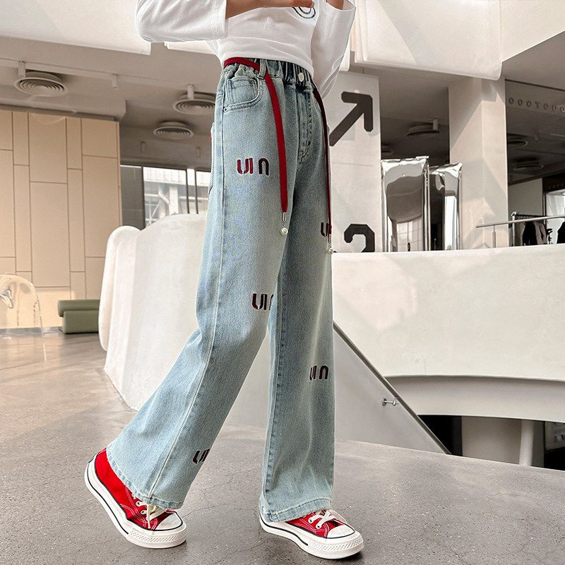 小黄鸭童装女童直筒牛仔裤春装2025新款中大童洋气阔腿休闲长裤潮,淘宝优惠券,粉丝福利购,淘宝优惠卷