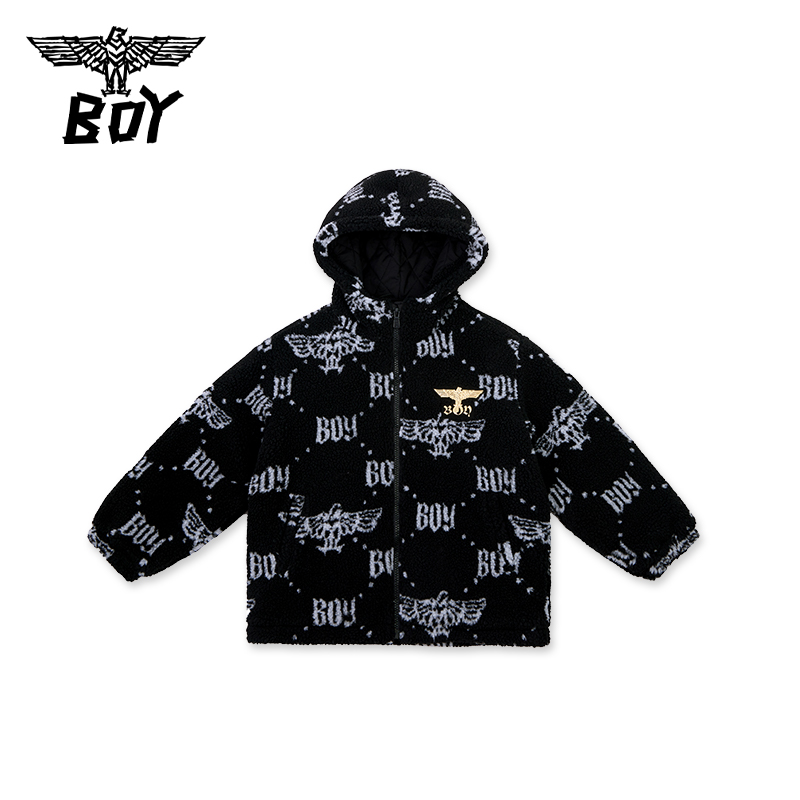 BOY 童装潮牌秋冬加厚短款连帽外套仿羊羔绒loog老花外套 - 图3