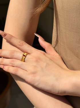 黄金点钻花丝戒指女999足金镶嵌红宝石指环新款纯金食指戒送女友