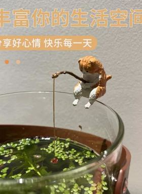 鱼缸钓鱼猫悬挂创意造景摆件桌面适用小猫钓鱼迷你微景观装饰品