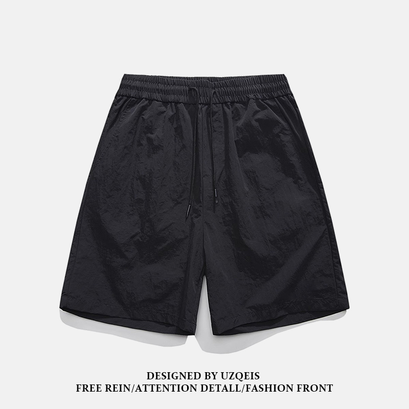 夏季美式潮牌运动黑色短裤男生宽松纯色沙滩休闲速干五分伞兵裤子 - 图1
