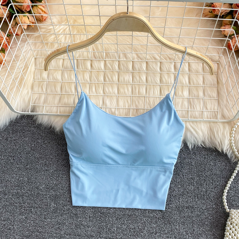 Slim strap cropped camisole top女生大U美背细肩带短款吊带背心 - 图0