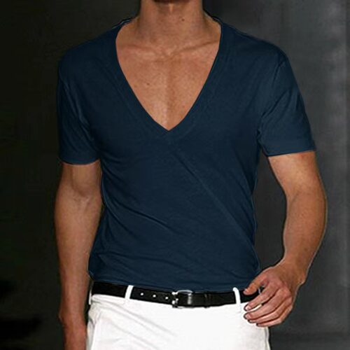 Solid color slim V-neck short-sleeved T-shirt 纯色V领短袖T恤 - 图3