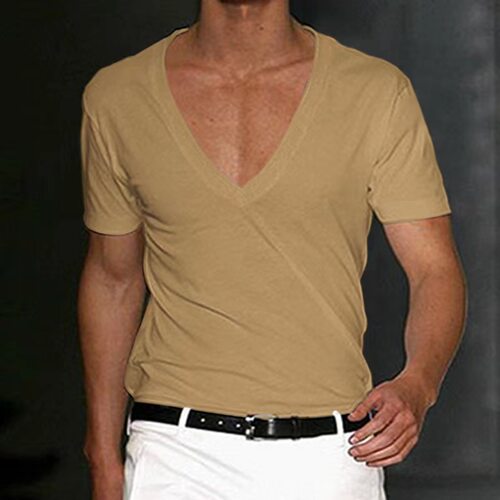Solid color slim V-neck short-sleeved T-shirt 纯色V领短袖T恤 - 图0