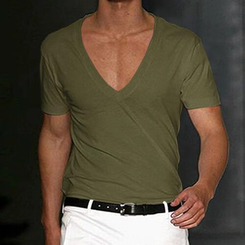 Solid color slim V-neck short-sleeved T-shirt 纯色V领短袖T恤 - 图2