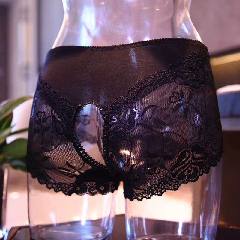 伪娘内裤男式蕾丝男女通用超薄冰丝丝袜开档内裤透明隐形紧身男士 - 图2