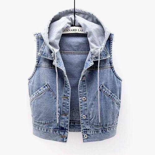 短款连帽牛仔马甲女Korean version of short hooded denim vest - 图1