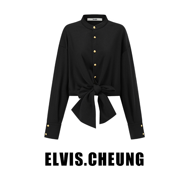 ELVIS.CHEUNG24春夏新品设计师款天丝羊毛下摆绑带衬衫开衫打底女 - 图2