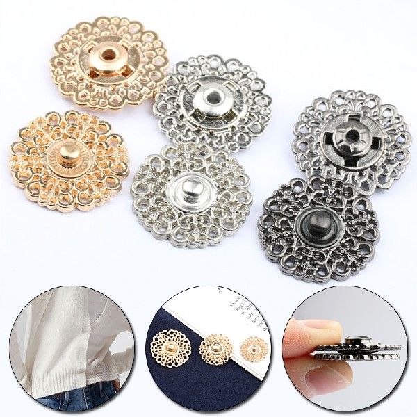 5Sets Hollow Flower Shaped Metal Snap Buttons Gold Color - 图0