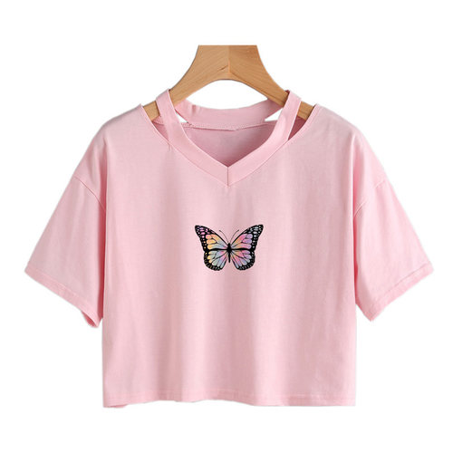 Summer Women Gothic T-Shirts Butterfly Crop Top Girls Short - 图1