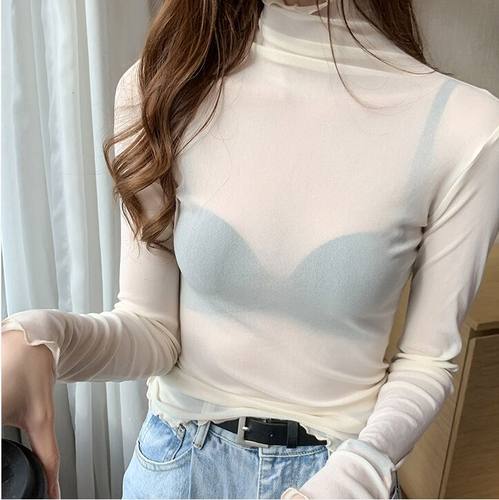 Size M-3XL Girls Mesh Blouses Shirts Tees Female Autumn Tran - 图3
