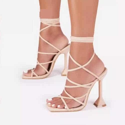 2022 Plus Size Summer Sexy Lace Up Women Sandals Square Toe - 图1