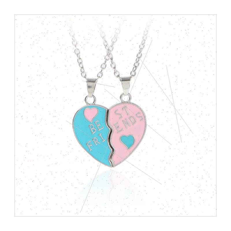 Love necklace female powder blue two people splicing heart p - 图3