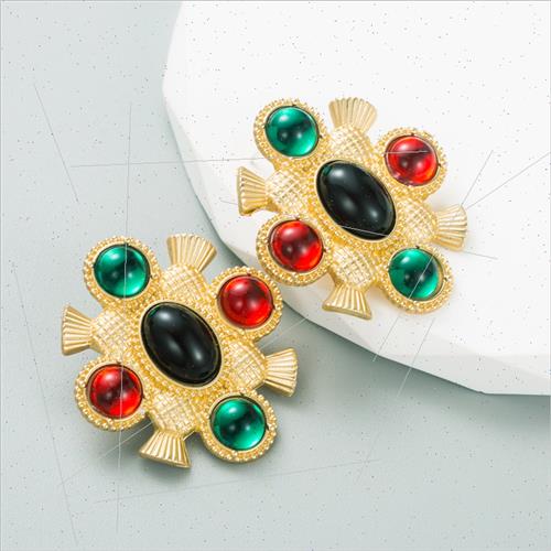 Ins creative alloy set colorful gemstone earrings tide senio - 图1